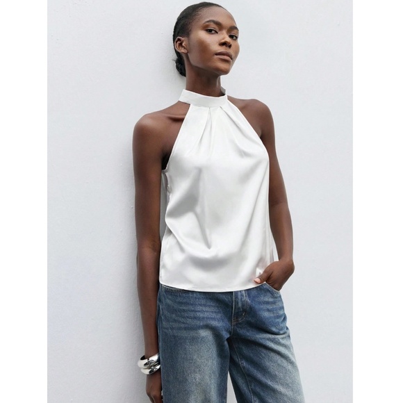 White Satin Halter Blouse Top - Picture 3 of 8